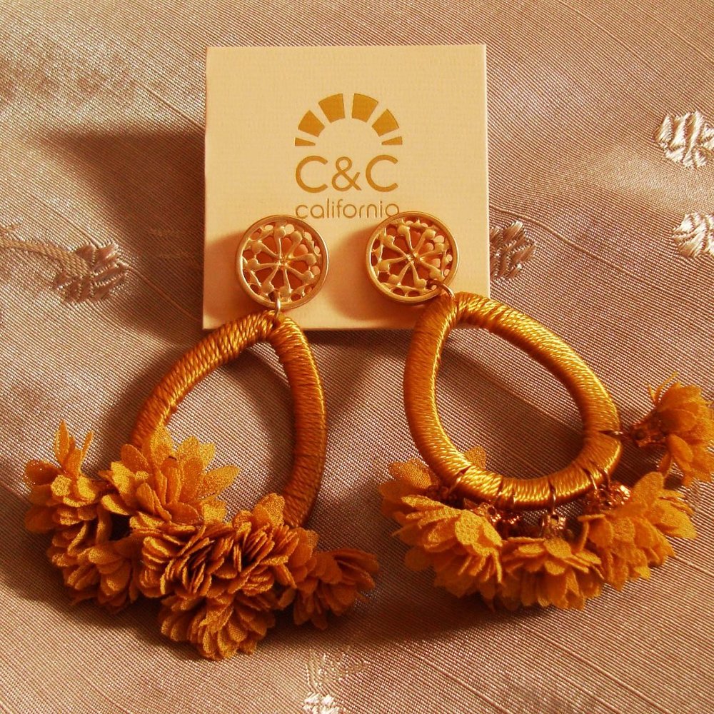 C & C Fabric Flowers Gold Hoop Post Earrings